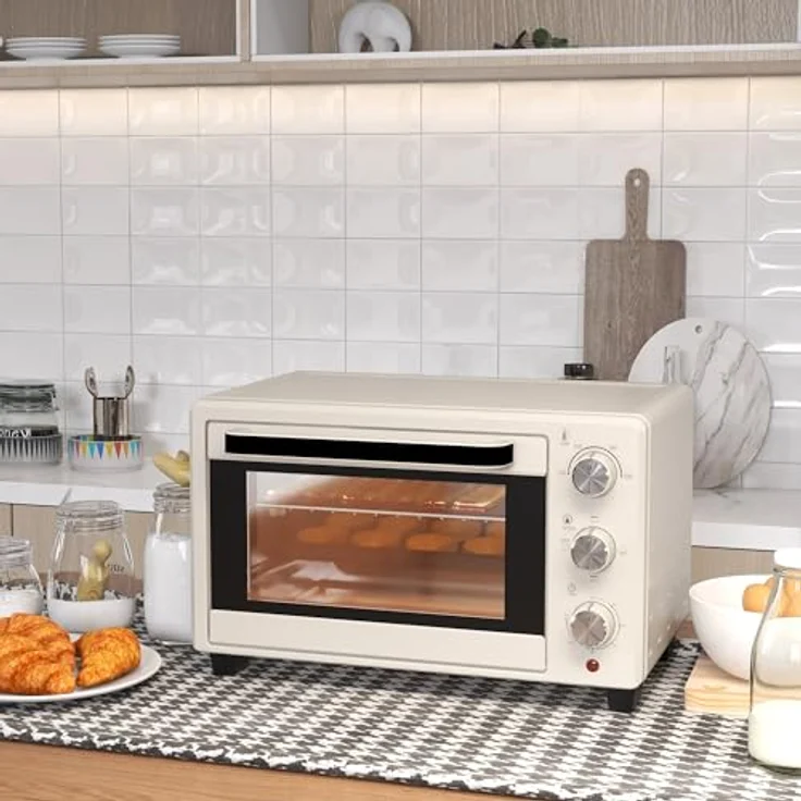 HOMCOM Mini Backofen 21L Pizza-Ofen, Miniofen mit 1h Timer, Ofenrost, 100-230 ℃, Metall, Creme – Bild 2