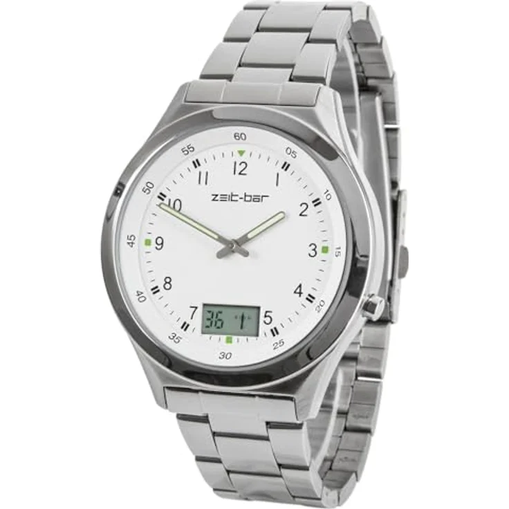 Zeit-Bar Funk-Armbanduhr Herren, mit Datums- und Sekundenanzeige, Edelstahlgehäuse und LCD-Anzeige – Bild 2