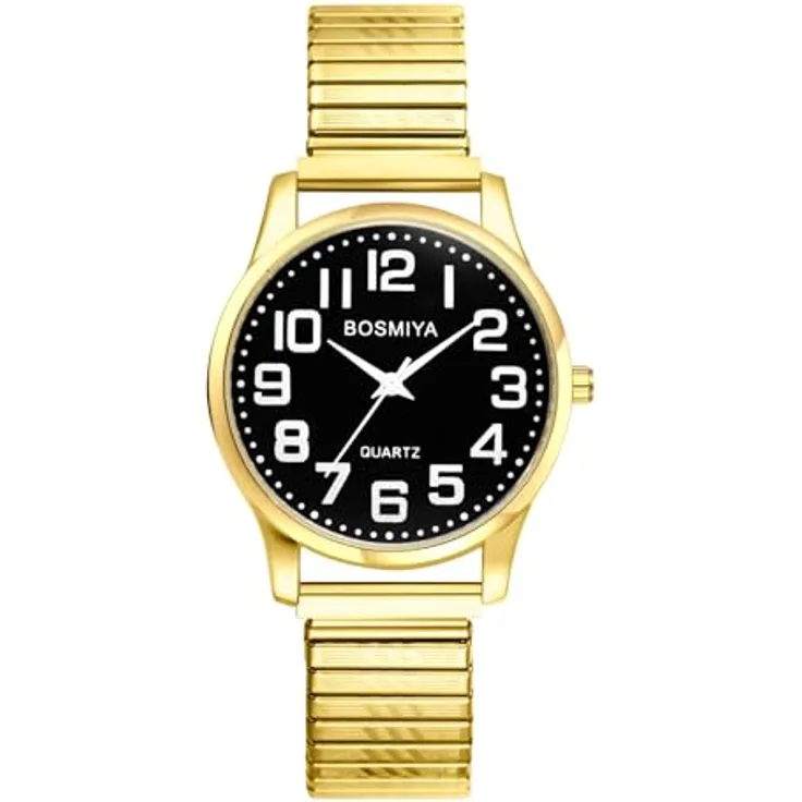 JewelryWe Herrenuhr mit elastischem Zugarmband, goldene Analog Quarz Armbanduhr mit schwarzem Zifferblatt und großen Zahlen, Edelstahl Stretch Armband für Senioren