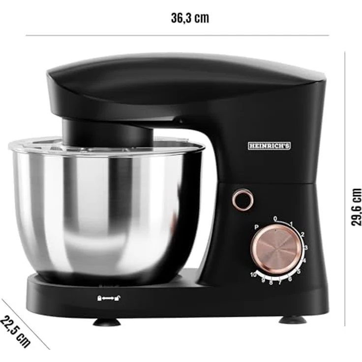 Heinrich's HKM 8077, Küchenmaschine mit 1500W Motor, 10 Geschwindigkeiten, 6L Edelstahlschüssel, geräuscharm, schwarz – Bild 2