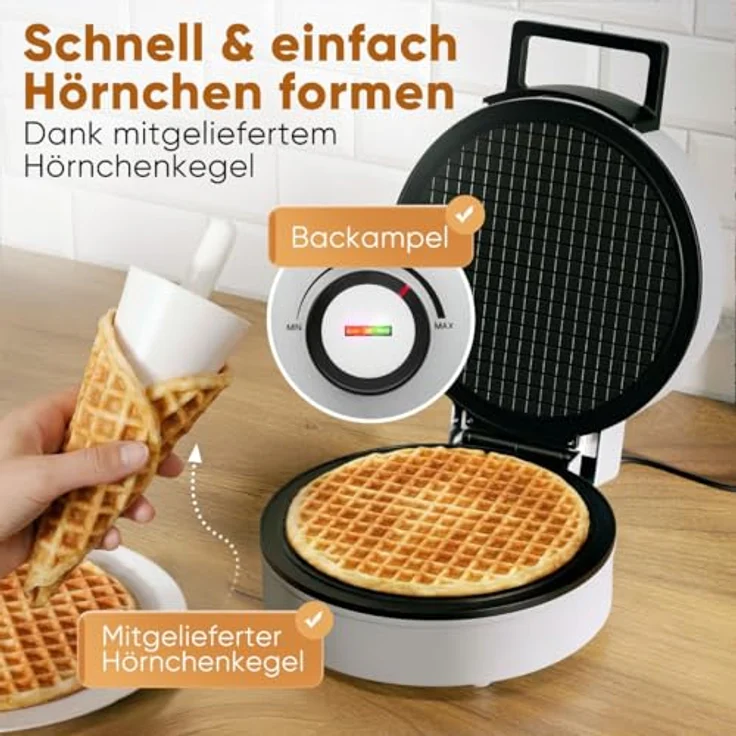 Clatronic HA 3833 Hörncheneisen, Eiswaffeleisen mit Antihaftbeschichtung, stufenlosem Bräunungsregler und Hörnchenkegel, 1200W, große Backfläche – Bild 4