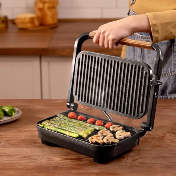 Cecotec Elektrischer Grill Rock'Ngrill 1300 Wood B, 1300W, schwarzes Design, Rockstone-Beschichtung, rutschfeste Basis, höhenverstellbare schwimmende Platte, Holzgriff – Bild 2