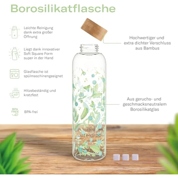 waterdrop® Starter Set Glass | Glass Bottle + 18 Microdrinks zum Auflösen in 6 fruchtigen Sorten – Probierpaket | 600ml Glasflasche auslaufsicher Kohlensäure geeignet + Getränkepulver zuckerfrei – Bild 5