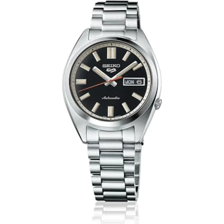 Seiko analoge Herrenuhr, Automatik mit 5 Sportarten, schwarzes Zifferblatt, Edelstahlarmband, 10 bar Wasserbeständigkeit, Retro – Bild 1