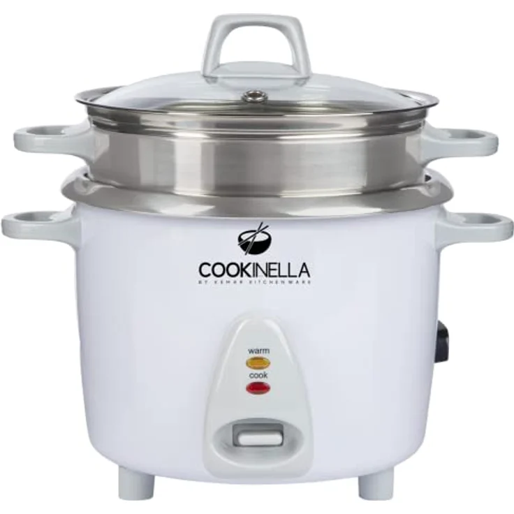 KeMar Kitchenware Reiskocher KRC-200, 500 W, Edelstahl Innentopf, Glasdeckel, 1,4 L Kapazität, inkl. Bambuslöffel, Weiß – Bild 3