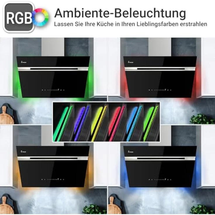 KKT KOLBE AURORA6005SE Dunstabzugshaube 60 cm, A+++ Energieeffizienz, 782 cbm/h, Kopffrei, Schwarz/Silber, Glas, WLAN, SensorTouch, RGBW LED, Nachlaufautomatik, Umluft/Abluft – Bild 2