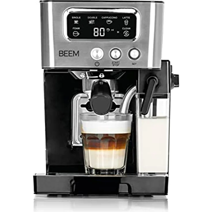 BEEM ESPRESSO-LATTE Siebträgermaschine -15 bar | Kaffeespezialitäten – wie vom Barista | Mit 0,4 L Milch- & 1,4 L Wassertank | Milchschaumkonsistenz individuell wählbar [Schwarz-Silber] – Bild 1