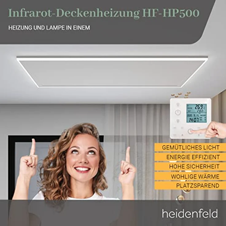 Heidenfeld Infrarot Deckenheizung mit Licht 390-800 Watt Infrarotheizung LED (640 Watt Warmweiß),  – Bild 2