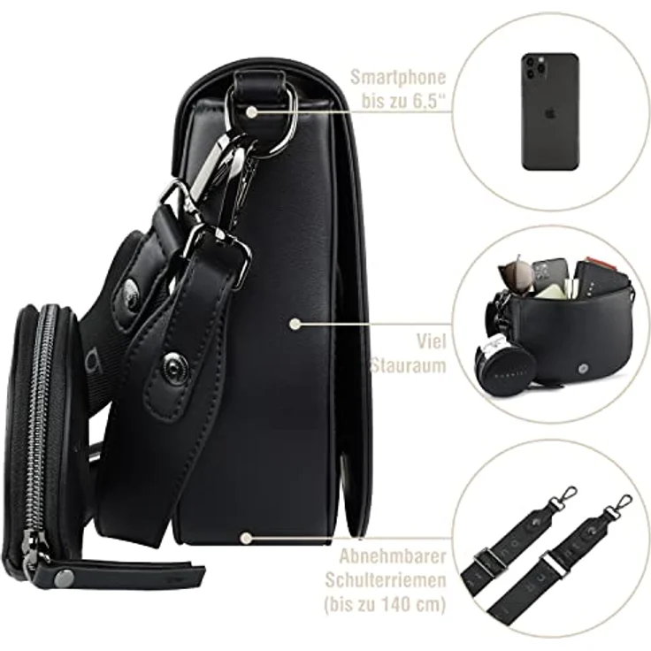 Bugatti Almata Schultertasche, elegante schwarze Handtasche mit verstellbarem Trageriemen und zusätzlichem Steckfach – Bild 4