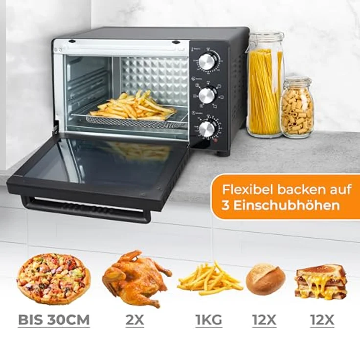 KLAMER Minibackofen mit Umluft, 30 Liter, 6 Backfunktionen, 70-230°C, 120 min. Timer, Drehspieß und umfangreiches Zubehör, Schwarz – Bild 4