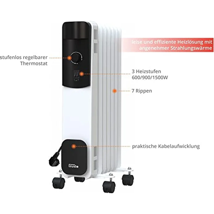 Güde Ölradiator OR 1500-7 (220-240 V, 1500 W Heizleistung, 3 Heizstufen (600/900/1500 W), 7 Rippen, stufenloses Thermostat, Kipp- und Überhitzungsschutz, Rollen für einen sicheren Transport) – Bild 2