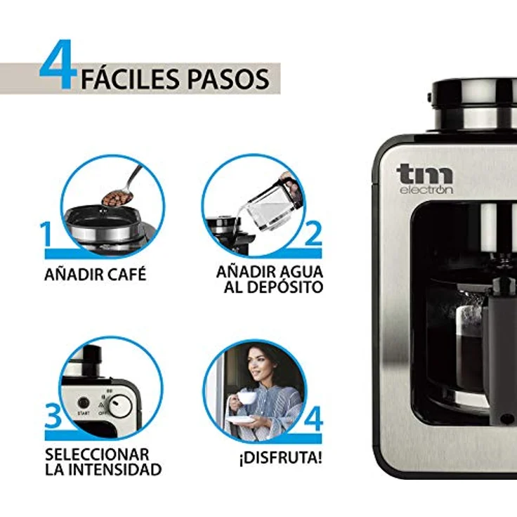 TM Electron Mini-Kaffeemaschine mit Kaffeemühle, 4 Tassen, für Kaffeebohnen, 600 W, waschbarer Filter silber – Bild 3