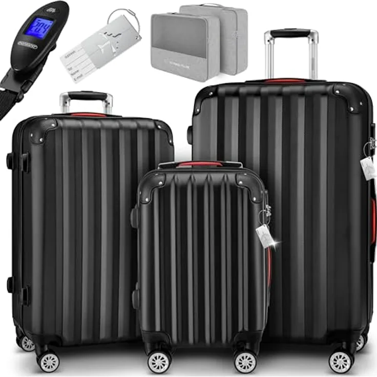 MONZANA® Kofferset 3tlg. Hartschale Organizer Trolley Schwarz mit Zwillingsrollen, Gurt und Kofferwaage