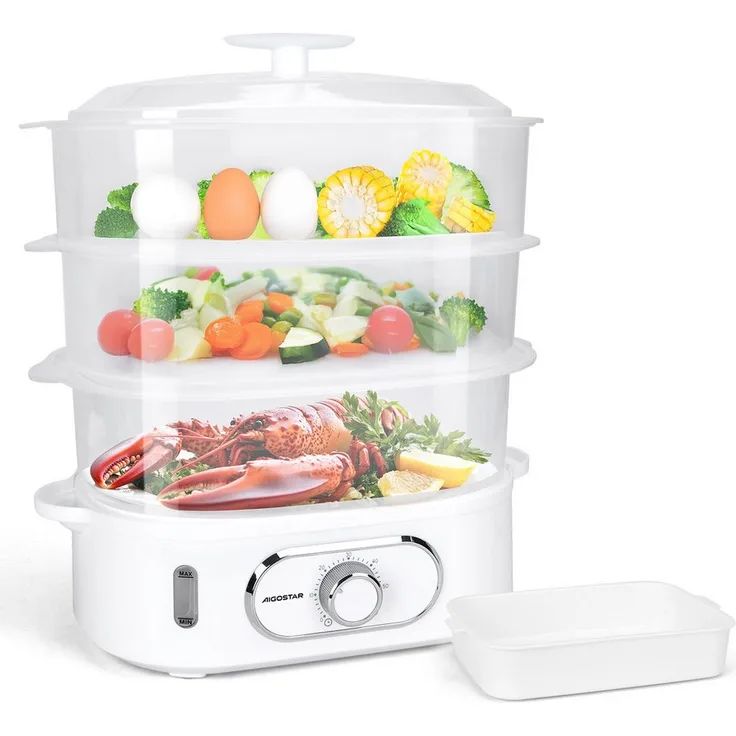 Aigostar Dampfgarer Fitfoodie 9L/12L, mit Timer, 800W/900W, 3-Etagen Stapelkörbe, BPA-frei, Überhitzungsschutz, leicht zu reinigen