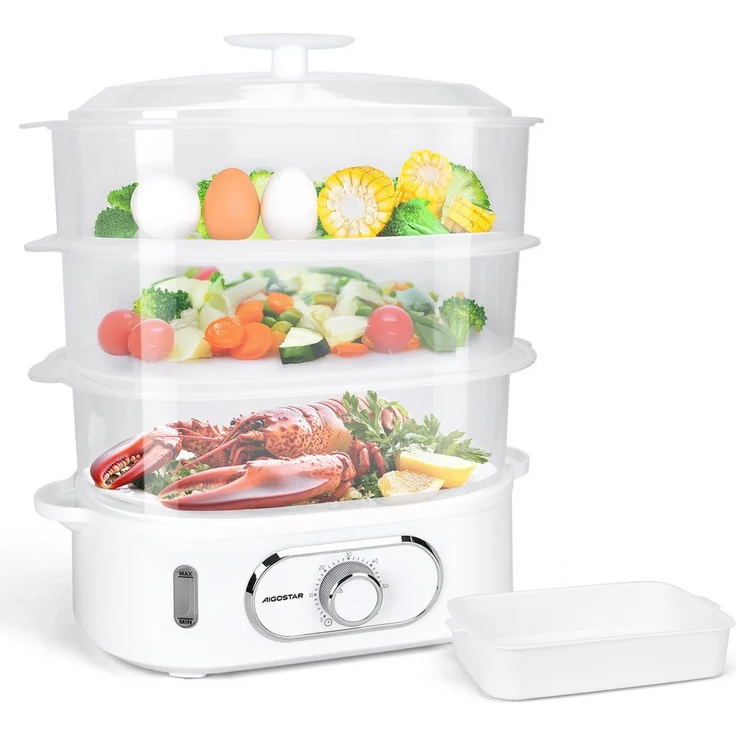 Aigostar Dampfgarer Fitfoodie 9L/12L, mit Timer, 800W/900W, 3-Etagen Stapelkörbe, BPA-frei, Überhitzungsschutz, leicht zu reinigen