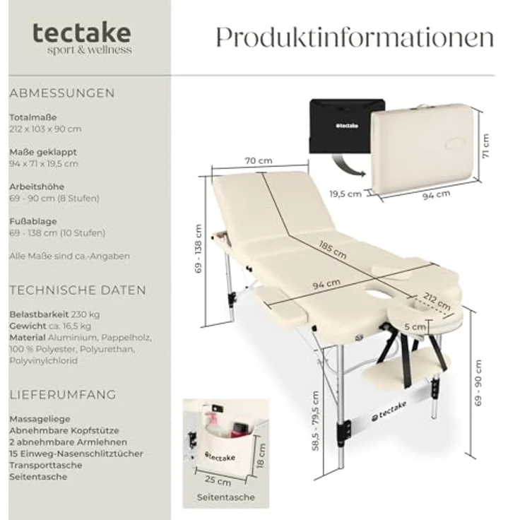tectake Massageliege Phuket, 3-Zonen, höhenverstellbar, klappbar, Beige, Metall, 103x90x212 cm, inklusive 15 Einweg-Nasenschlitztüchern – Bild 6