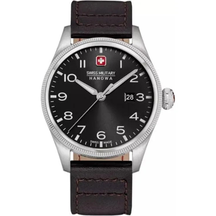 Swiss Military Hanowa Thunderbolt Herren-Armbanduhr mit dunkelbraunem Echtleder-Proband, 43 mm, Schwarz