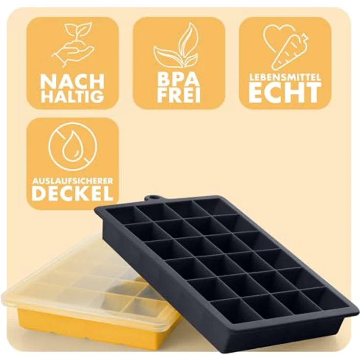 Blumtal Eiswürfelformen Silikon 2x24er, BPA-freier Ice Cube Maker mit Deckel, Eiswürfel 2,6 cm, 2 x Formen in Black Blue und Spicy Mustard – Bild 2