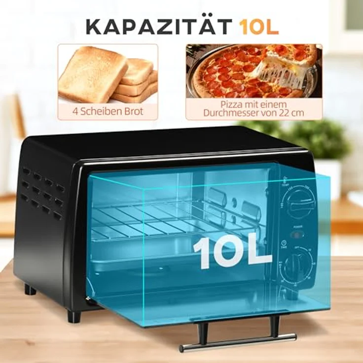 HOMCOM Mini Backofen 10 Liter 750W Kleiner Elektrobackofen mit Temperatur bis zu 230 ℃ Timer 60 Minuten Backblech und Rost 36,5x26x22 cm Schwarz – Bild 3