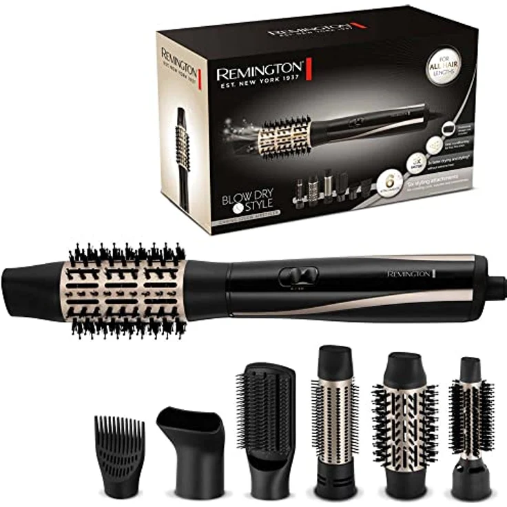 Remington Warmluftbürste [inkl.6 Aufsätze: 25,38,50mm Rundbürste, Stylingdüse, Flachbürste, Haaransatz-Booster] Blow Dry&Style (Locken,Volumen&glatte Styles aller Haarlängen) Ionenpflege,1200W, AS7700 – Bild 1