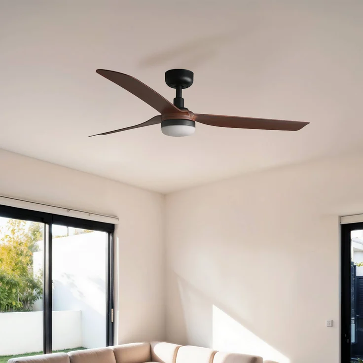FARO BARCELONA LED-Deckenventilator Punt M, schwarz/holz, DC-Motor, leise, mit Fernbedienung und 3 Lichtfarben, 130 cm