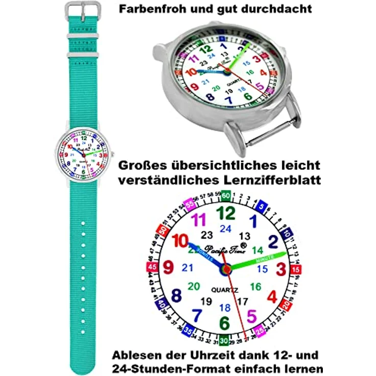 Pacific Time Kinder Armbanduhr Lernuhr, analog Quarz mit textilen Armbändern in türkis und dunkelblau, 16mm breit, ideal für Mädchen und Jungen – Bild 3