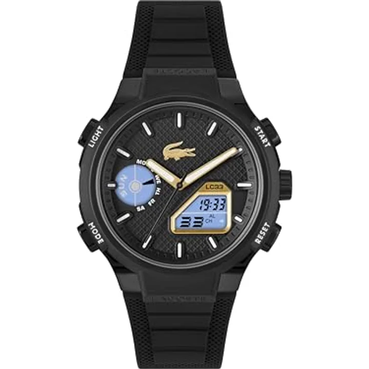 Lacoste LC33 Analoge-Digitale Multifunktions-Quarzuhr für Herren, 45mm Schwarzes TR90 Gehäuse, Schwarzes Silikonarmband mit Textur, 10 ATM wasserdicht – Bild 2