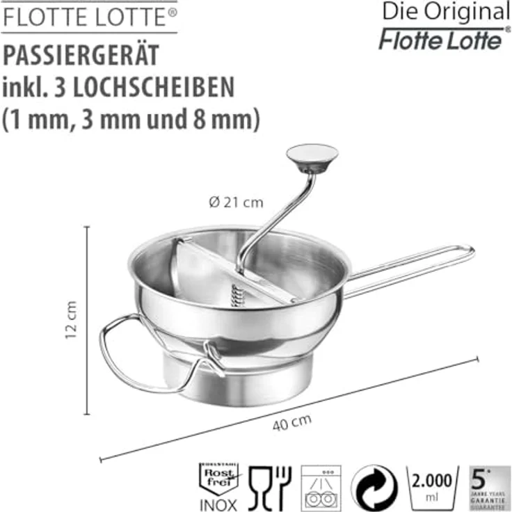 GEFU Passiergerät FLOTTE LOTTE® mit 3 Lochscheiben 1/3/8 mm, Edelstahl, für Gemüse, Früchte, Marmelade & Babynahrung, mit Abstreiffunktion und 2 Litern Volumen – Bild 2