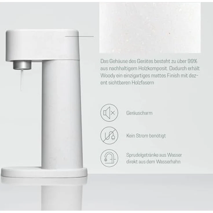 Mysoda Woody Wassersprudler, inkl. 1 Liter PET-Flasche, 60L CO2-Zylinder, weiß – Bild 2