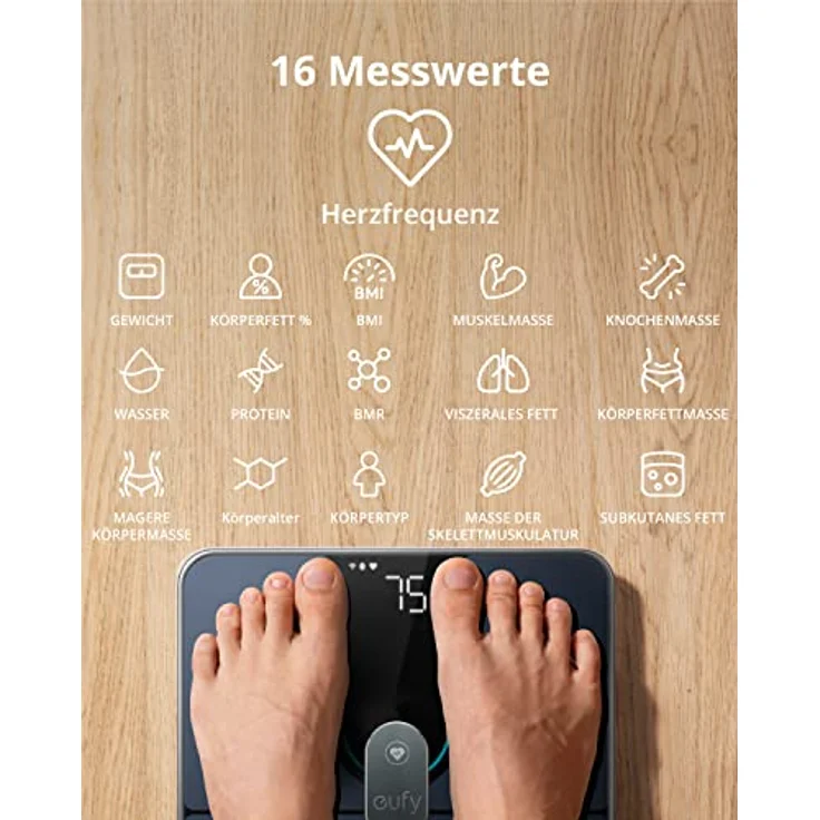 eufy Personenwaage, Smart Scale P2 Pro, Digitale Körperfettwaage WLAN/Bluetooth, 16 Messwerte inkl. Gewicht, Herzfrequenz, Körperfett, BMI, Muskel-/Knochenmasse (Schwarz) – Bild 2