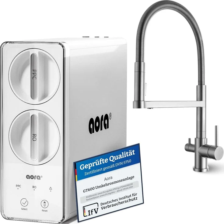 Neues Wasser AORA GT600 Umkehrosmoseanlage Untertisch, 8-Stufen-Filtration, tanklos mit STATEMENT 3-Wege-Armatur aus Edelstahl
