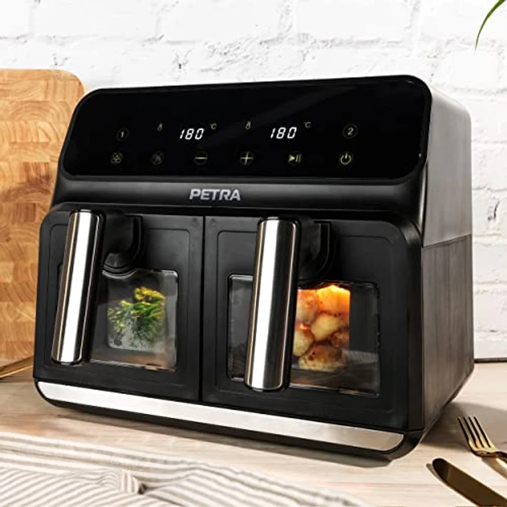 Petra PT5196GWVDE 7,6-l-Doppel-Heißluftfritteuse - Fritteuse ohne Öl, Ölfreier Kocher, Doppelschublade mit Glassichtfenstern, 2 antihaftbeschichtete große Frittierkörbe, 10 Kochfunktionen, 1700 W – Bild 4