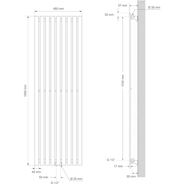 LuxeBath Paneelheizkörper Vertikal 480x1600 mm, anthrazit, Mittelanschluss, 1005 Watt, moderne Gestaltung für Allergiker und Kinder – Bild 2