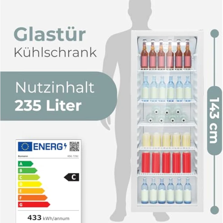 Bomann® KSG 7292, Getränkekühlschrank mit Glastür, 236L, Energieklasse C, MultiAirflow, 5 Gitterablagen, Temperatur 2-12°C, wechselbarer Türanschlag, weiß – Bild 4
