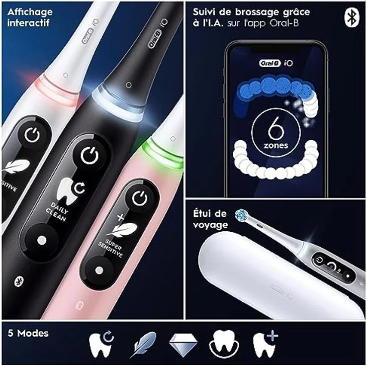 Oral-B iO Series 6N Elektrische Zahnbürste, Bluetooth, 5 Putzmodi, 2 Bürsten, 1 Reisetasche, Weiß/Rosa – Bild 5