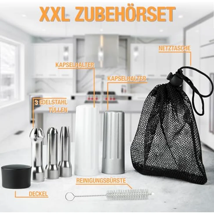 Thiru Sahnespender 500ml, inkl. Toolbox, 3 Edelstahl Tüllen, eBook mit 50 Rezepten, rot, für Schlagsahne, Espuma & warme Speisen, note "sehr gut" – Bild 5