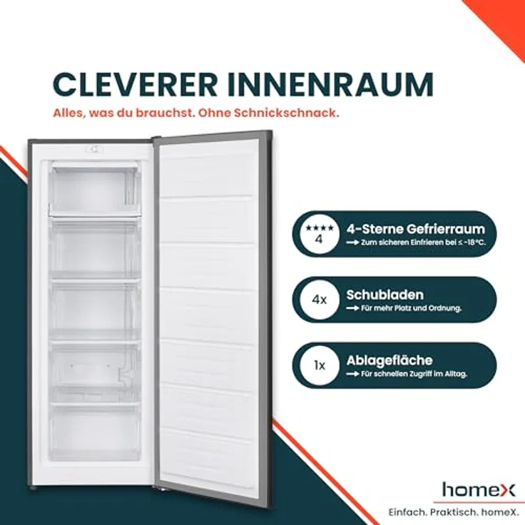 homeX FS1681E-S Gefrierschrank, 168L Nutzinhalt, 4-Sterne Gefrierleistung, freistehend, leise, silber – Bild 3