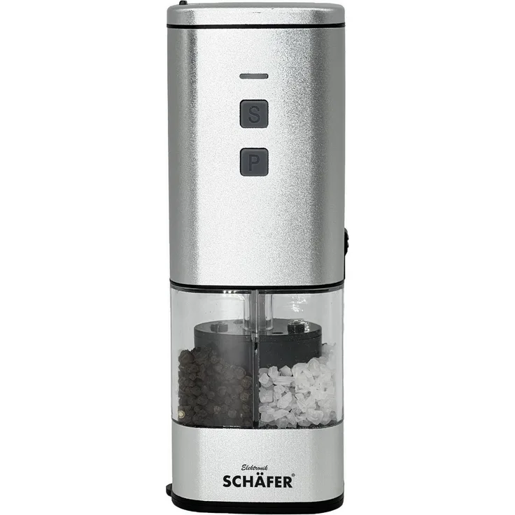 Schäfer Elektronik 2in1 Salz- und Pfeffermühle "Atom", elektrische Edelstahl-Mühle mit getrennten Kammern und Akku, Silber