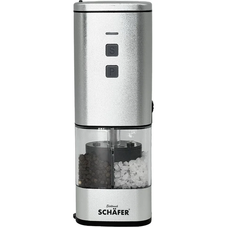 Schäfer Elektronik 2in1 Salz- und Pfeffermühle "Atom", elektrische Edelstahl-Mühle mit getrennten Kammern und Akku, Silber