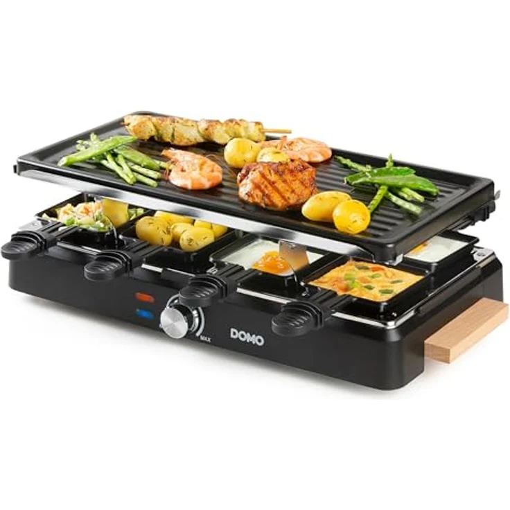 DOMO DO9262G Steingrill/Raclette-Grill, Holzdesign, 1400 W für 8 Personen, inklusive Raclettepfännchen und Holzspatel – Bild 1