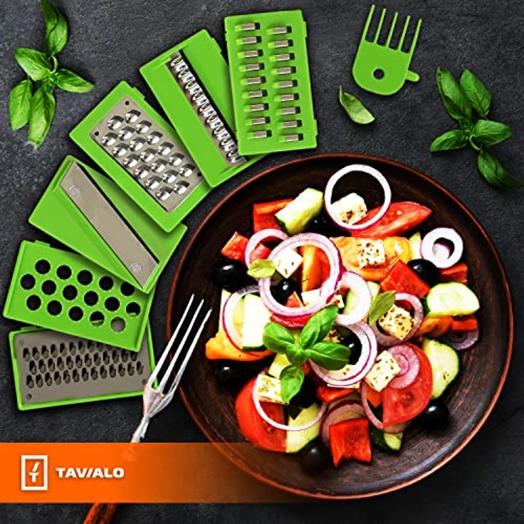 TAVIALO Gemüsehobel Edelstahl Mandoline Set – 6-in-1 mit BPA- und PFOA-freiem Glasbehälter, spülmaschinenfest, ideal für Gemüse, Obst & Meal-Prep – Bild 2