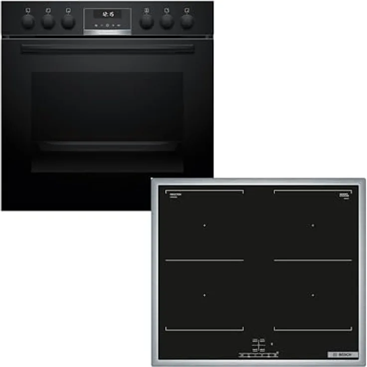 Bosch Einbauherd-Set HND617LS67, 60 cm Einbau-Herd mit Backwagen, Reinigungshilfe und 3D-Heißluft, HEB517BB4 Induktionskochfeld 60 cm mit Combi Zone, herdgestützt, NVQ645CB6E