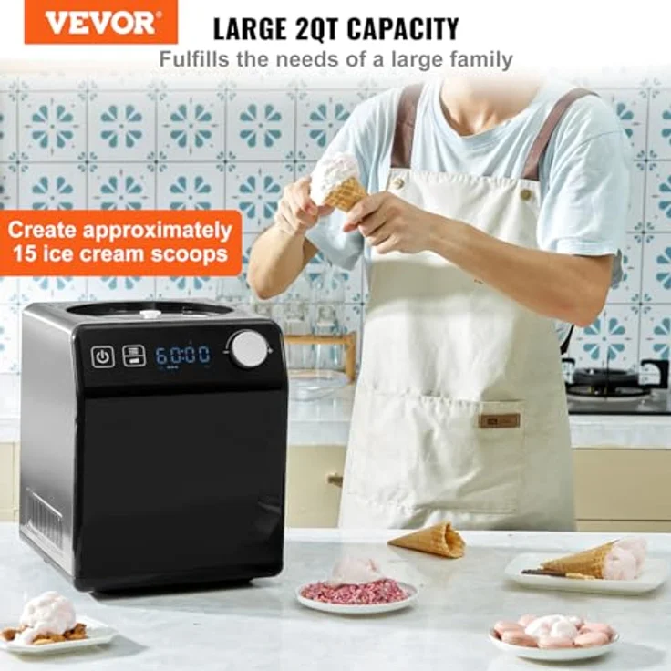 VEVOR Kompressor Eismaschine 2 L, 180 W Joghurtbereiter 3 Modi Haushalt Schwarz Elektrisch – Bild 2