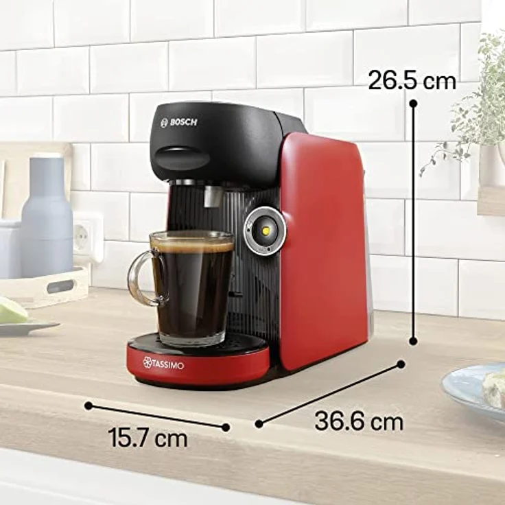 Tassimo Finesse Kapselmaschine TAS16B3 Kaffeemaschine by Bosch, 70 Getränke, intensiverer Kaffee auf Kopfdruck, Abschaltautomatik, perfekt dosiert, platzsparend, 1400 W, 0,7l, rot/schwarz – Bild 2