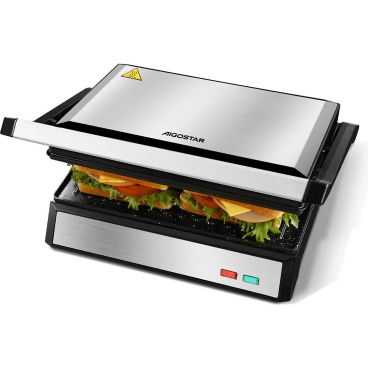 Aigostar Paninigrill AG-1500, Kontaktgrill für Sandwiches, 1500 W, Antihaftbeschichtung, 180° Öffnung, BPA-frei