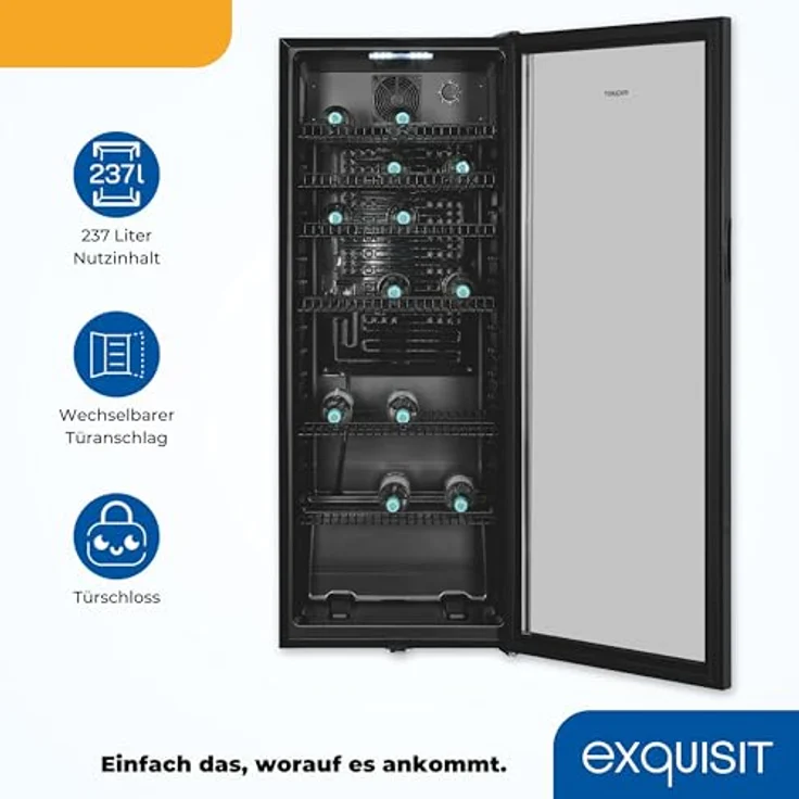 exquisit Getränkekühlschrank GKS240-GT-160C schwarz, Glastürkühlschrank mit 237 l Volumen – Bild 3
