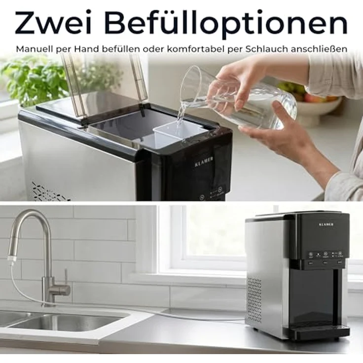 KLAMER 3-in-1 Eiswürfelmaschine mit Crushed Ice, Wasserspender, Selbstreinigung, Edelstahl, Schwarz, 12 Eiswürfel in 7-12 min – Bild 7