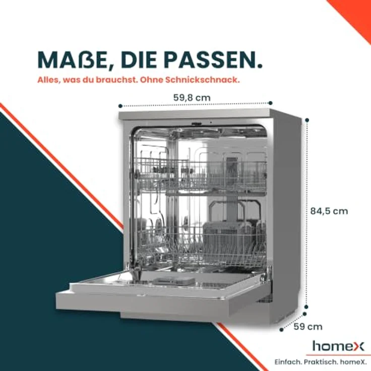 homeX DWFS601449E-S Geschirrspüler, freistehend, 60 cm, 14 Maßgedecke, 6 Programme, AquaStop, Unterbaufähig, 49 dB – Bild 4