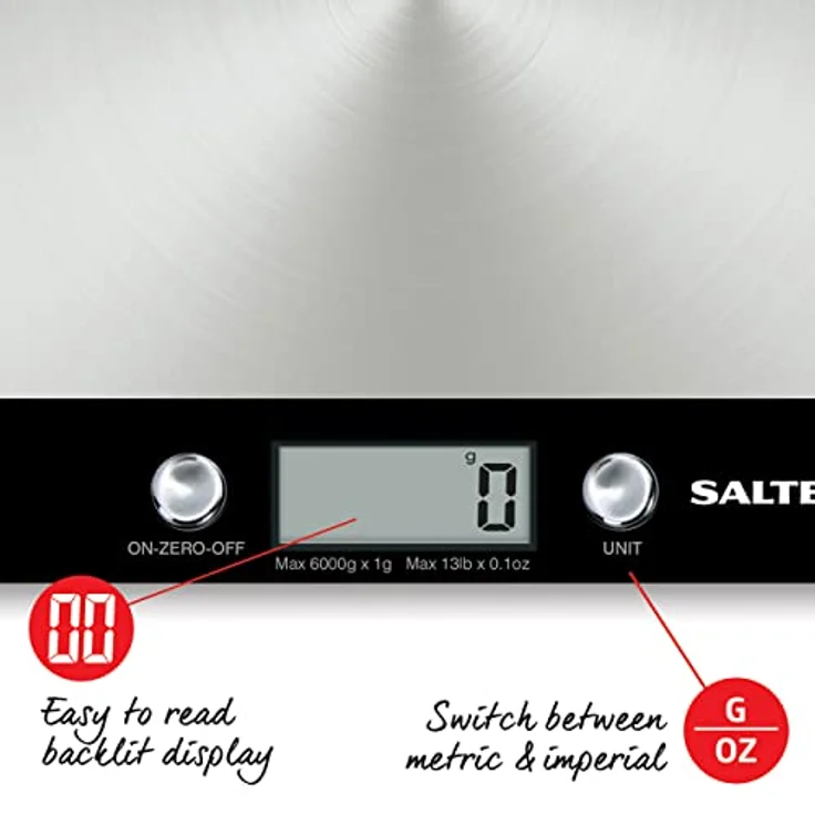 Salter 1241A BKDR digitale Küchenwaage - Großes Display, Digitalwaage mit Tara Funktion, kg/lbs, Flüssigkeiten wiegen ml/fl.oz, praktische Haushaltswaage, Edelstahl plattform, Waage mit Batterien – Bild 4