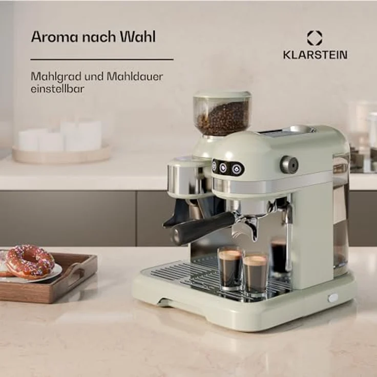 Klarstein Bella Café Siebträgermaschine Mit Mahlwerk – 19 Bar, 1550 W, 1,4 L, Milchaufschäumer, 2 Tassen, Thermo Block, Creme, Rostfreier Stahl – Bild 4